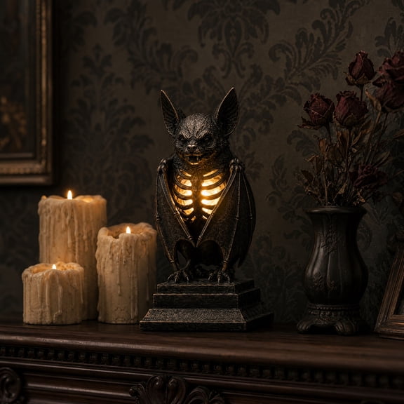 QLUEWX Gothic Bat Skeleton LED Lamp, Antique Resin Bat Figurine Night Light with Warm Ribcage Glow, Spooky Halloween Tabletop Statue, Dark Gothic Indoor Desktop Decor Ornament for Holiday Gift