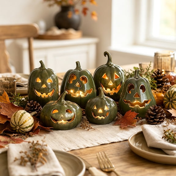 QLUEWX Green Handmade Resin LED Light Up Pumpkin Jack O' Lantern, Halloween Fall Glowing Pumpkin Lantern Ornament, Autumn Farmhouse Table Centerpiece Decor for Home Porch Mantel Indoor Room