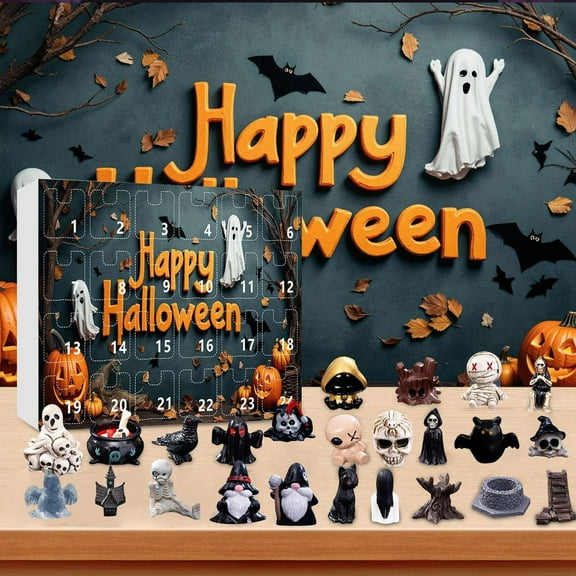 QLUEWX Halloween Advent Calendar Blind Box, 24Pcs 3D Resin Mini Figurine Countdown Gift Box, Ghost Skeleton Tombstone Witch Dwarf Statue Set, Spooky Desktop Miniature Ornament Gift for Home Decor