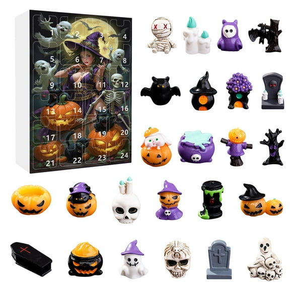 QLUEWX Halloween Advent Calendar Blind Box, 24Pcs Mini Resin Figurine Countdown Gift Box, Pumpkin Ghost Witch Bat Tombstone Ornament Set, Kids Surprise Toy for Party Desktop Home Decor