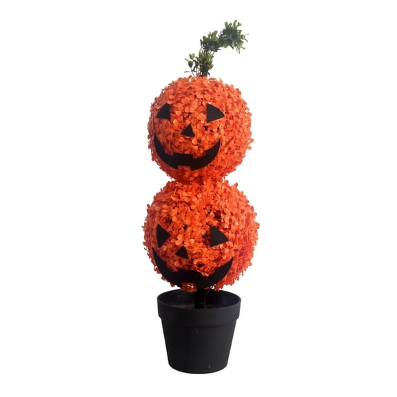 QLUEWX Halloween Artificial Pumpkin Topiary Potted Plant, 23.5" Artificial Jack-O'-Lantern Faux Potted Tree, Fall Front Door Home Decor, Outdoor Garden Yard Thanksgiving Halloween Decor, Two Pumpkin