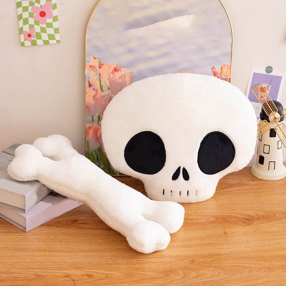 QLUEWX Halloween Bone Plush Pillow, 13.8 Inch Soft Fluffy Skeleton Stuffed Cushion, Spooky Gothic Decor for Sofa Bed Home Halloween Party Gift for Kids Adults