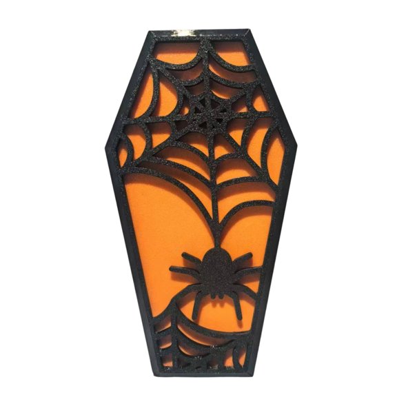 QLUEWX Halloween Coffin Shaped LED Table Lamp, Silhouette Cutout Light Decor with Spider Bat Ghost Pattern, Battery Operated Mini Lantern for Shelf Mantel Indoor Halloween Party Tabletop Decor