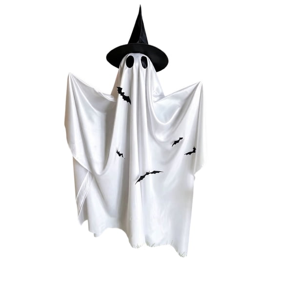 QLUEWX Halloween Decorations, 59.1 Inch Standing Ghost Yard Decor with Witch Hat & Bat Cutouts, Optional Light Up Spooky Ghost Prop for Front Porch Lawn Haunted House Outdoor Holiday Decor