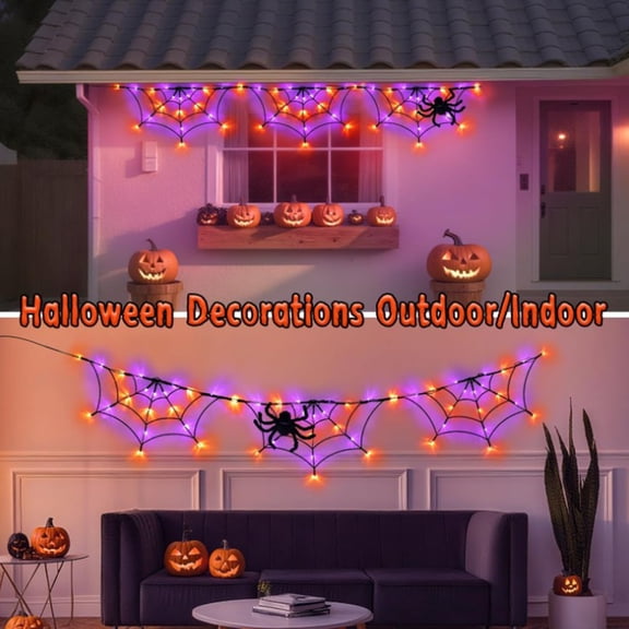 QLUEWX Halloween Decorations 78.74" Spider Web String Lights with Black Spider, Orange Purple LED 9 Modes Timer Battery USB Operated, Indoor Outdoor Eaves Porch Window Halloween Party Decor Lights