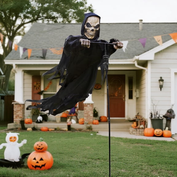 QLUEWX Halloween Decorations, 82.68 Inch Floating Grim Reaper Yard Stake Prop, Spooky Skeleton Face Ghost with Tattered Black Robe & Metal Stand for Outdoor Lawn Porch Haunted House Decor