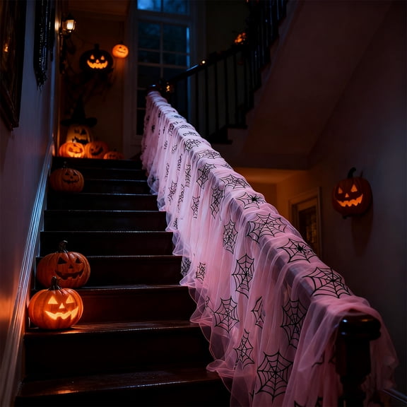 QLUEWX Halloween Decorations Pink Spider Web Tulle Gauze, 59.06 x 39.37 Inch Sheer Spiderweb Fabric, Pastel Creepy Cute Decor for Staircase Mantel Table Indoor Outdoor Party Supplies