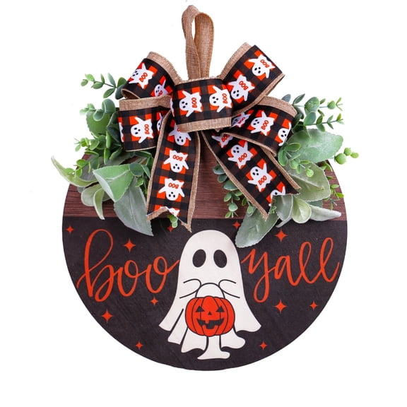 QLUEWX Halloween Door Sign, 13.8" Round BOO Yall Ghost Sign Wreaths for Front Door with Bow, Autumn Halloween Wreath Home Decor, Halloween Decor Door Wreath for Home Outdoor Porch Wall Party