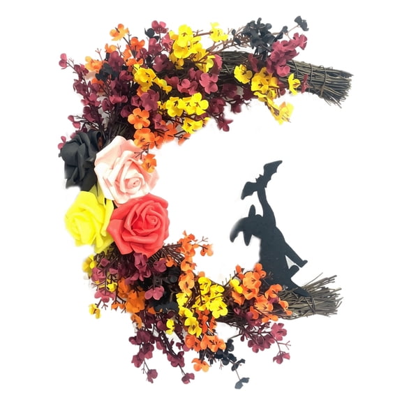 QLUEWX Halloween Floral Wreath, 11.8 Inch Artificial Moon Wreath with Witch Silhouette, Black Red Rose Autumn Wreath for Front Door Wall Decor