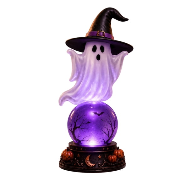 QLUEWX Halloween Ghost Crystal Ball Lamp, 9.8" Purple Glowing Witch Hat Ghost Magic Crystal Ball Night Light Table Decor, USB Powered Tabletop Centerpiece for Home Office Gift Halloween Decor