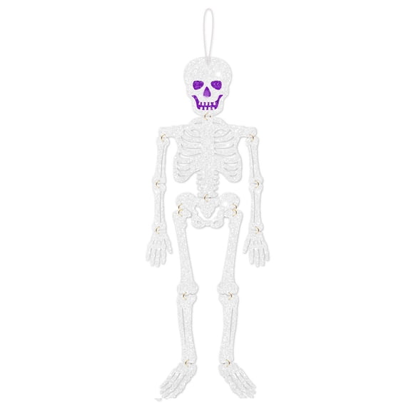 QLUEWX Halloween Glitter Skeleton Hanging Decorations, 26.1" White DIY Glitter Paper Skeleton Hanging Decor, Poseable Halloween Party Decorations, Halloween Decor for Home Haunted House Wall