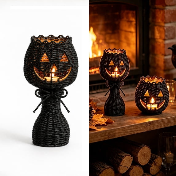 QLUEWX Halloween Glowing Woven Pumpkin Candle Holder, 7.8" Black Rattan Woven Pumpkin Tea Light Candle Holder with LED Candle, Fall Farmhouse Table Centerpieces for Thanksgiving Halloween Party