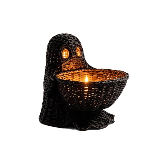QLUEWX Halloween Handwoven Ghost Candle Holder, 8" Black Rattan Ghost Holding Bowl Lampshade Table Decor, Boho Rustic Ghost Lantern Tabletop Centerpiece for Home Living Room Shelf Halloween Decor