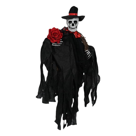 QLUEWX Halloween Hanging Skeleton Decorations, 33.5" Red Spooky Cloaks Skeleton with Hat & Rose, Festival Prop Halloween Party Decorations, Halloween Decor for Home Outdoor Haunted House