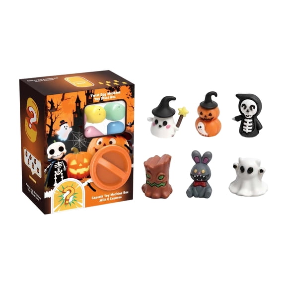 QLUEWX Halloween Mini Twist Capsule Vending Machine Blind Box, 6 Spooky Figurines Egg Twister Toy, Ghost Pumpkin Skeleton Tree Bunny Surprise Gift Box for Kids Party Favor Holiday Reward