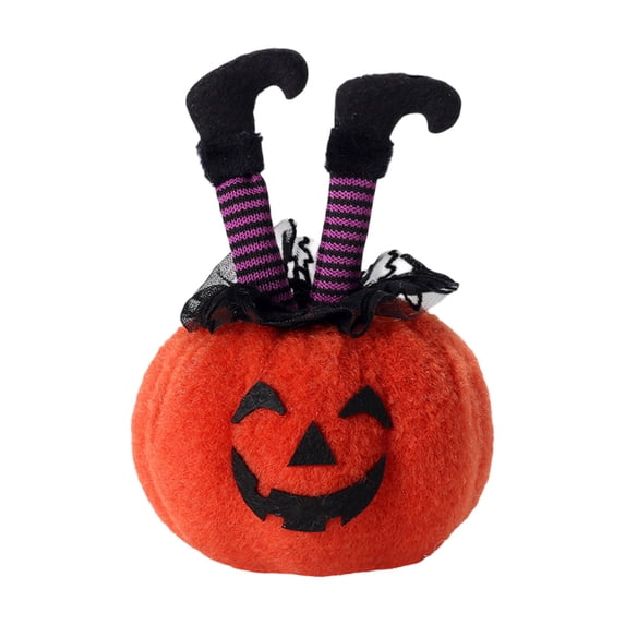 QLUEWX Halloween Plush Toys Pumpkin with Witch Legs, Soft Fluffy Stuffed Pumpkin Doll with Striped Boots, Cute Halloween Decor for Tiered Tray Tabletop Shelf Home Party Holiday Gift