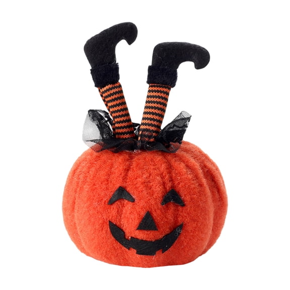 QLUEWX Halloween Plush Toys Pumpkin with Witch Legs, Soft Fluffy Stuffed Pumpkin Doll with Striped Boots, Cute Halloween Decor for Tiered Tray Tabletop Shelf Home Party Holiday Gift