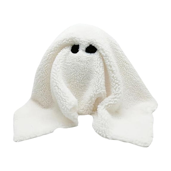 QLUEWX Halloween Sherpa Ghost Plush Decor with Blanket, 10.63 Inch Cute Stuffed Ghost Ornament with Black Cat Bat Pumpkin for Tiered Tray Tabletop Home Party Boo Basket Gift for Kids Toddlers