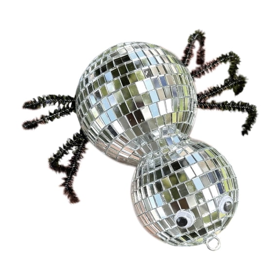 QLUEWX Halloween Spider Table Decor, 4.3" Retro Reflective Mirror Disco Ball Spider Figurine with Silk Thread, Hanging Home Decor Halloween Party Decorations, Halloween Decor for Home Indoor Table