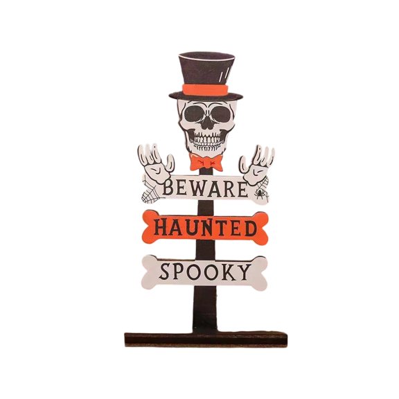 QLUEWX Halloween Table Decorations, 5.9" Wooden Block Signs Table Decor with Skull, Beware Haunted Spooky Halloween Table Centerpieces, Halloween Decorations Indoor for Home Office Table Party