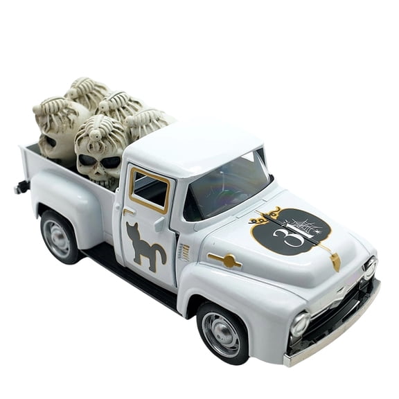 QLUEWX Halloween Vintage White Pickup Truck Decor with Mini Ornaments, Retro Alloy Truck with 5 Skulls, Mini Tabletop Ornament for Tiered Tray Mantel Shelf Home Holiday Party Decoration