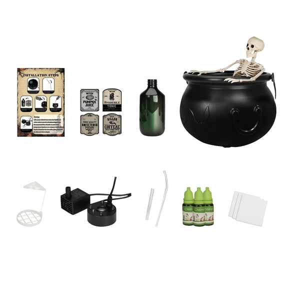 QLUEWX Halloween Witch Cauldron Mist Maker Set, Fog Cauldron with Mini Skeleton & Potion Bottle, LED Green Light Smoke Cauldron for Tabletop Halloween Party Decor