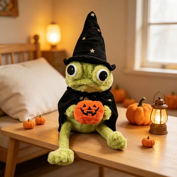 QLUEWX Halloween Wizard Frog Plush Toy, Cute Green Frog Stuffed Animal with Witch Hat Cape & Pumpkin, Spooky Fall Decor Plush Doll, Halloween Gift for Kids Home Tabletop Ornament
