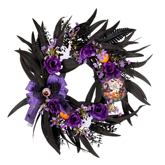QLUEWX Halloween Wreaths for Front Door, 19.7" Spooky Halloween Wreath Roses Ghost Pumpkin Eyeball, Gothic Door Wreath Home Decor, Halloween Decorations for Home Outdoor Porch Wall Party Supplies