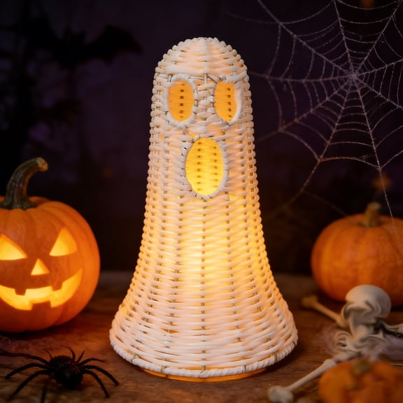 QLUEWX Handwoven Rattan Ghost Lantern, 11.8 Inch White Wicker Ghost Light, Spooky Chic Halloween Decor for Fireplace Tabletop