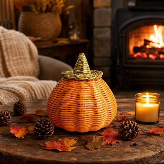 QLUEWX Handwoven Rattan Pumpkin Halloween Decorations, 7" Yellow Rattan Woven Rope Jack-O'-Lantern with Lid, Fall Pumpkin Storage Basket for Home Indoor Tabletop Mantle Party Halloween Decor