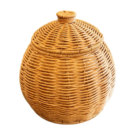QLUEWX Handwoven Wicker Pumpkin Storage Jar with Lid, Halloween Rattan Pumpkin Container Basket, Farmhouse Decorative Organizer Bin, Rustic Tabletop Decor for Candy Snack Small Item Holiday Storage
