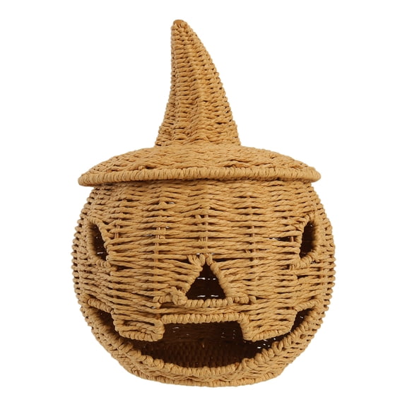 QLUEWX Handwoven Wicker Pumpkin with Witch Hat Lid, Halloween Rattan Pumpkin Figurine with Hollow Carved Face, Rustic Woven Pumpkin Decor for Tabletop Mantel Shelf Holiday Home Party Decoration