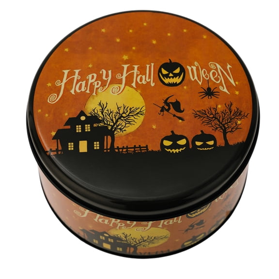 QLUEWX Happy Halloween Round Candy Tin Box, 5.5" Halloween Circular Desk Storage Box for Organizing, Candy Container Halloween Party Decoration, Halloween Decor for Kids & Adult Party Supplies