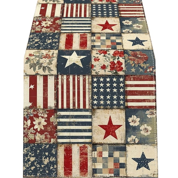 QLUEWX Independence Day Table Runner, 72" Table Cloth with Print 4th of July Decorations, USA Flag and Flower Memorial Day Decorations, Patriotic Decor for Kitchen Dining Table Decor Party Favors