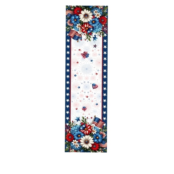 QLUEWX Independence Day Table Runner, 72" Table Cloth with Print 4th of July Decorations, USA Flag and Flower Memorial Day Decorations, Patriotic Decor for Kitchen Dining Table Decor Party Favors