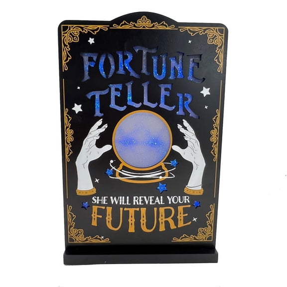 QLUEWX LED Halloween Hanging Sign, 11.2" Wooden Glowing Divination Fortune Teller Table Decor, She Will Reveal Your Future Halloween Party Decorations, Halloween Decor for Home Table Haunted House