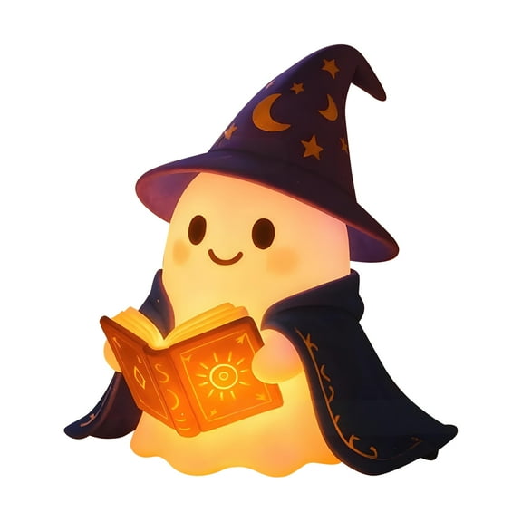 QLUEWX LED Halloween Reading Lamp, 5.9" Cute Magic Ghost Wizard Night Light Halloween Party Decorations, Glowing Party Supplies Home Decor, Halloween Decor for Home Indoor Room Table