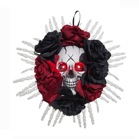 QLUEWX LED Halloween Wreaths for Front Door, 15.7" Spooky Skull & Palm Bones Halloween Wreath with Flower, Gothic Door Wreath Home Decor, Halloween Decorations for Home Outdoor Porch Wall Party