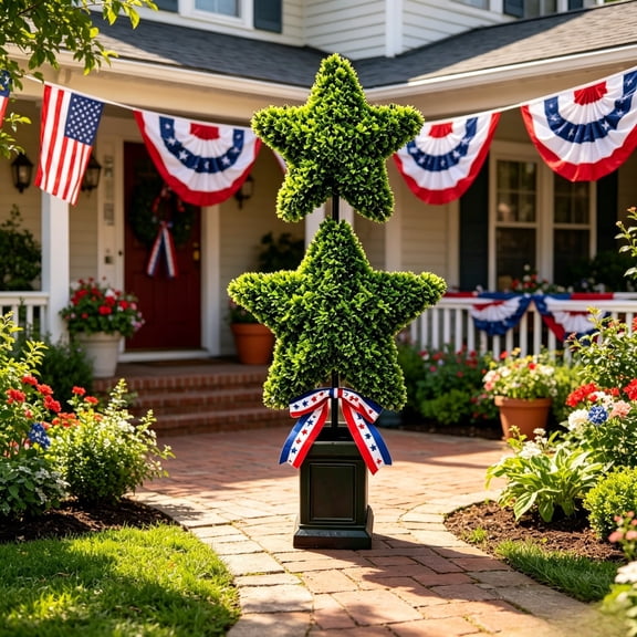 QLUEWX Large Artificial Star Shaped Patriotic Topiary Tree, 4th of July Decoration for Front Porch, Yard, Front Door Decor, 250th Anniversary Independence Day Five Pointed Star Topiary Outdoor Tree