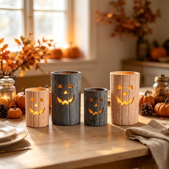 QLUEWX Light Up Jack O Lantern Candle Holder, Textured Terracotta Pumpkin Face Hollow Lantern Cylinder Resin, Halloween Fall Farmhouse Table Mantel Indoor Home Thanksgiving Decor Centerpiece