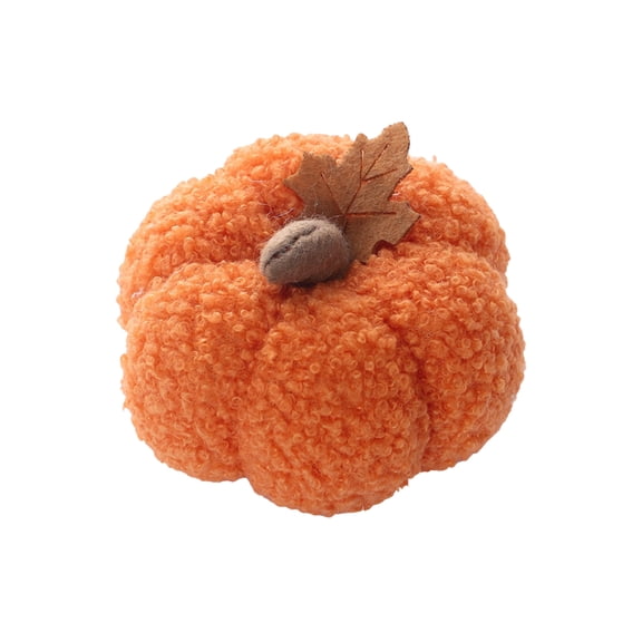 QLUEWX Orange Halloween Plush Pumpkin Decorations, 3.5" Small Artificial Faux Pumpkin Figurines with Leaf Table Decor, Fall Festival Prop Tabletop Centerpiece for Home Shelf Party Halloween Decor
