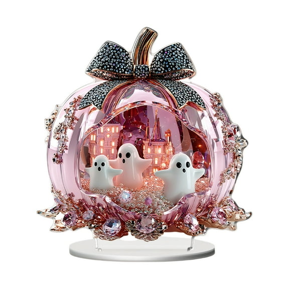 QLUEWX Pink Halloween Table Decorations, 7.9" Exquisite 2D Acrylic Ghost Pumpkin Home Table Decor, Halloween Table Centerpieces Home Decor, Halloween Decorations Indoor for Home Office Table