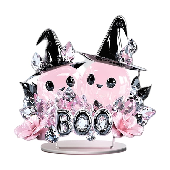 QLUEWX Pink Halloween Table Decorations, 8.3" Exquisite 2D Acrylic Ghost Table Decor with Witch Hat, BOO Halloween Table Centerpieces Home Decor, Halloween Decorations Indoor for Home Office Table