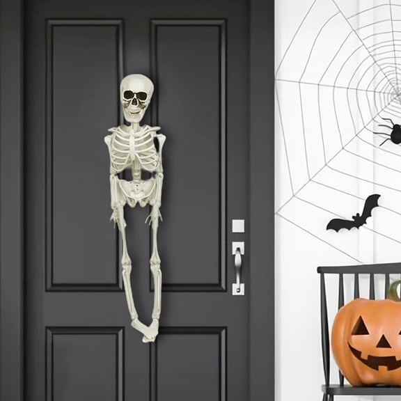 QLUEWX Posable Full Body Halloween Skeleton Ornament, Realistic Bone Plastic Skull Prop, Hanging Standing Indoor Outdoor Yard Haunted House Party Decor