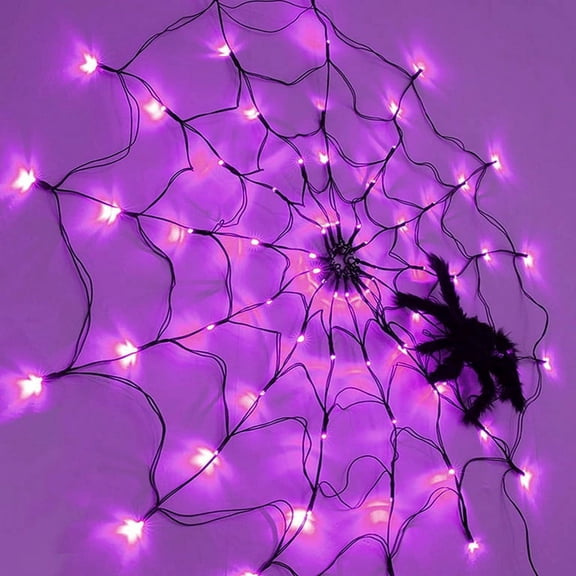 QLUEWX Remote Control LED Spider Web Lights Halloween Decor, 47 Inch Purple Light Up Round Cobweb with Furry Spider, USB 8 Modes Fairy Lights for Indoor Outdoor Window Yard Haunted House Party Decor