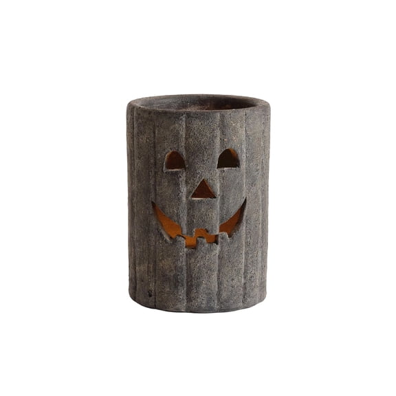 QLUEWX Resin Cylindrical Jack O Lantern LED Lamp, Neutral Tone Farmhouse Halloween Pumpkin Light, Rustic Fall Tabletop Mantel Decor Night Light Ornament for Home Party Holiday Gift