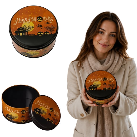 QLUEWX Round Halloween Cookie Tin Box, 5.5 Inch Haunted House Pumpkin Printed Metal Storage Can, Empty Treat Candy Container for Halloween Party Favor Gift Packaging Home Tabletop Decor