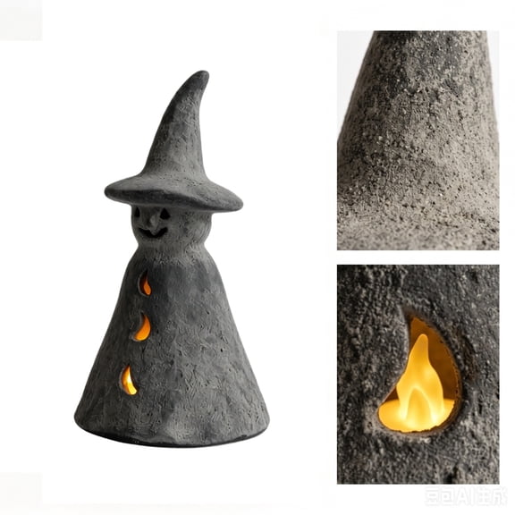 QLUEWX Rustic Textured Witch Figurine LED Lantern, Handmade Witch Hat Ghost Night Light, Flameless Resin Tabletop Lamp for Halloween Farmhouse Indoor Mantel Shelf Holiday Decor