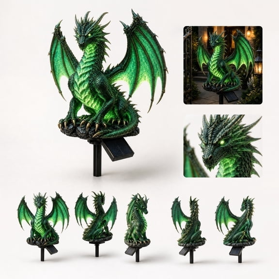 QLUEWX Solar LED Dragon Garden Stake Statue, Gothic Resin Dragon Outdoor Solar Lights, Waterproof Medieval Yard Lawn Ornament, Halloween Patio Backyard Landscape Decor Gift for Garden Lovers (Green)