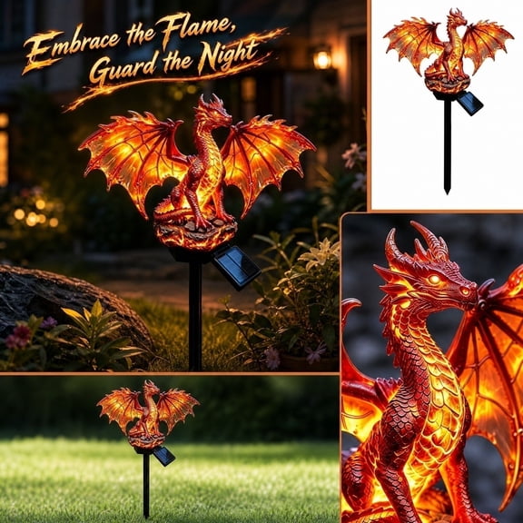 QLUEWX Solar LED Dragon Garden Stake Statue, Gothic Resin Dragon Outdoor Solar Lights, Waterproof Medieval Yard Lawn Ornament, Halloween Patio Backyard Landscape Decor Gift for Garden Lovers (Red)